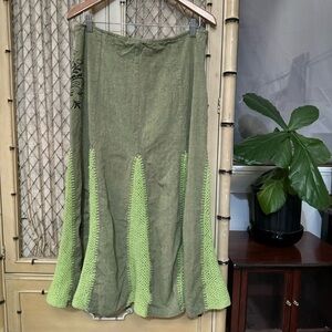 vintage cotton linen midi skirt XL green crochet panels floral embroidery boho